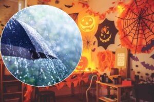 halloween e ombrello sotto la pioggia