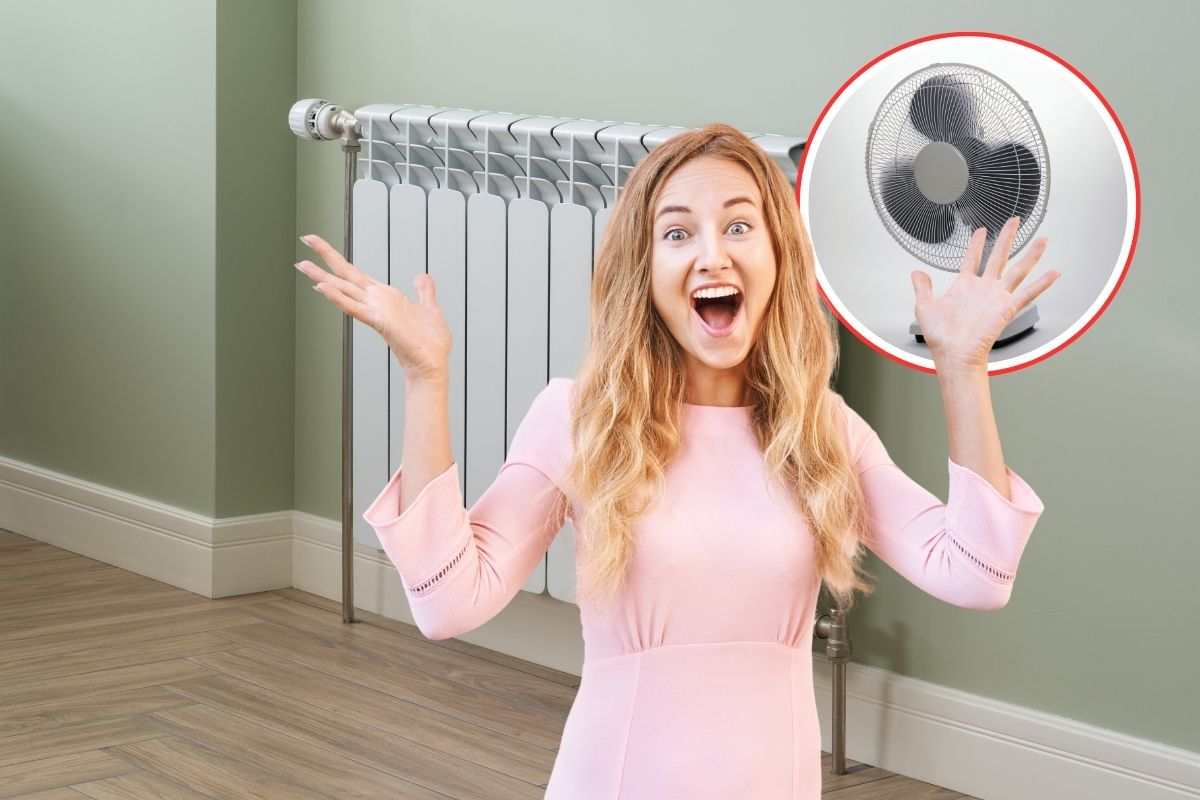 donna esulta, termosifone in casa e ventilatore