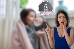 donna sorpresa, bottiglia d'acqua in icona e donna vicino al termosifone