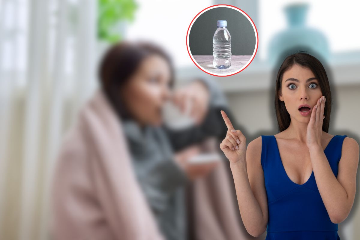 donna sorpresa, bottiglia d'acqua in icona e donna vicino al termosifone