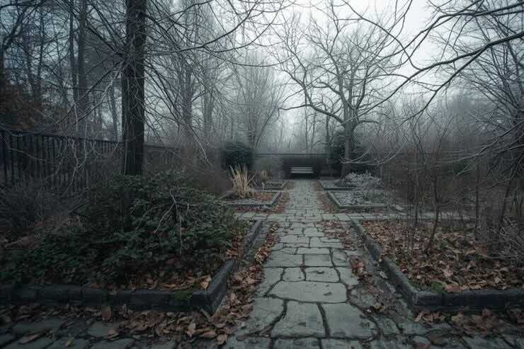 Casa abbandonata in inverno, violetto desolato